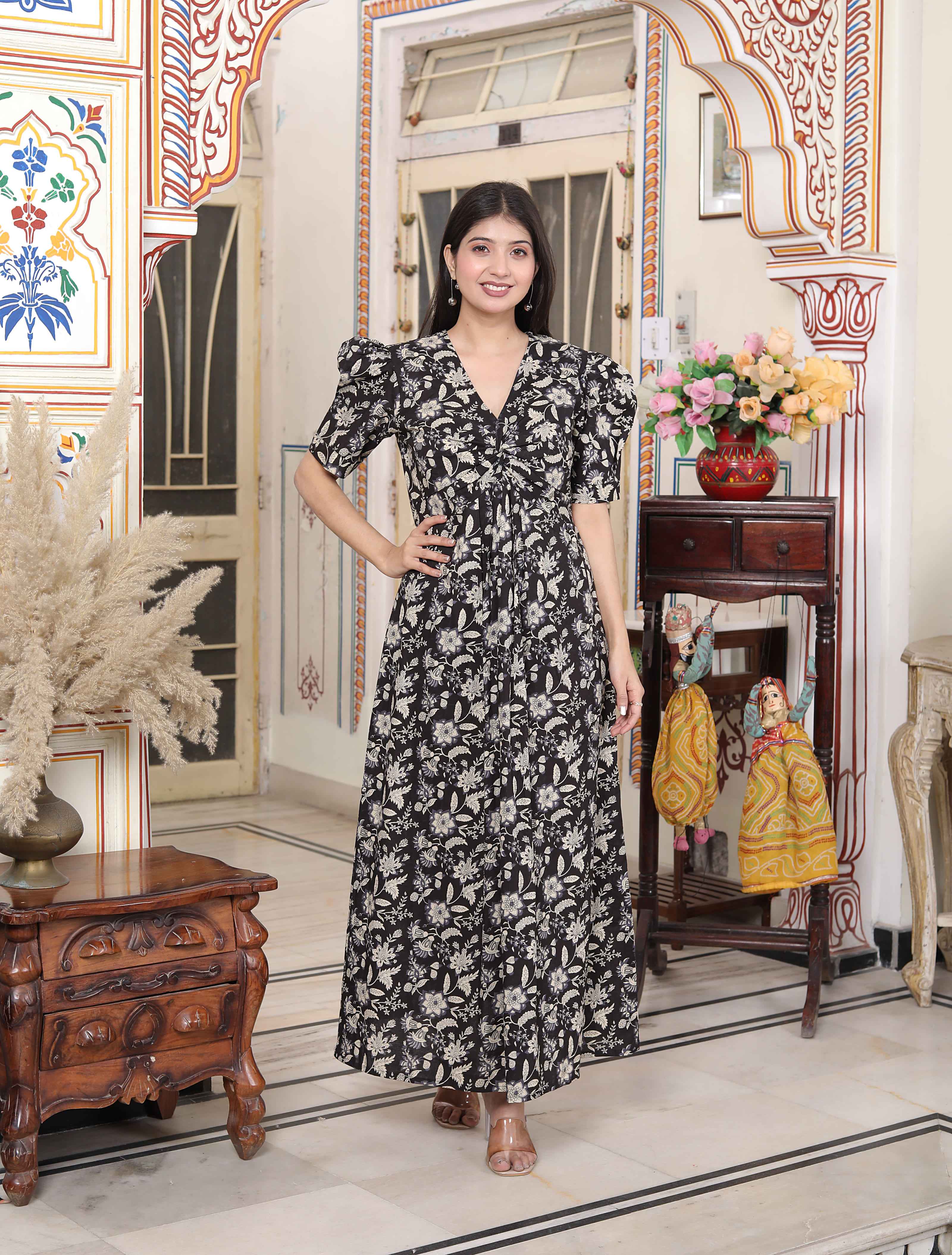 Black & White Floral Cotton Butterfly Maxi Dress with Puff Sleeves